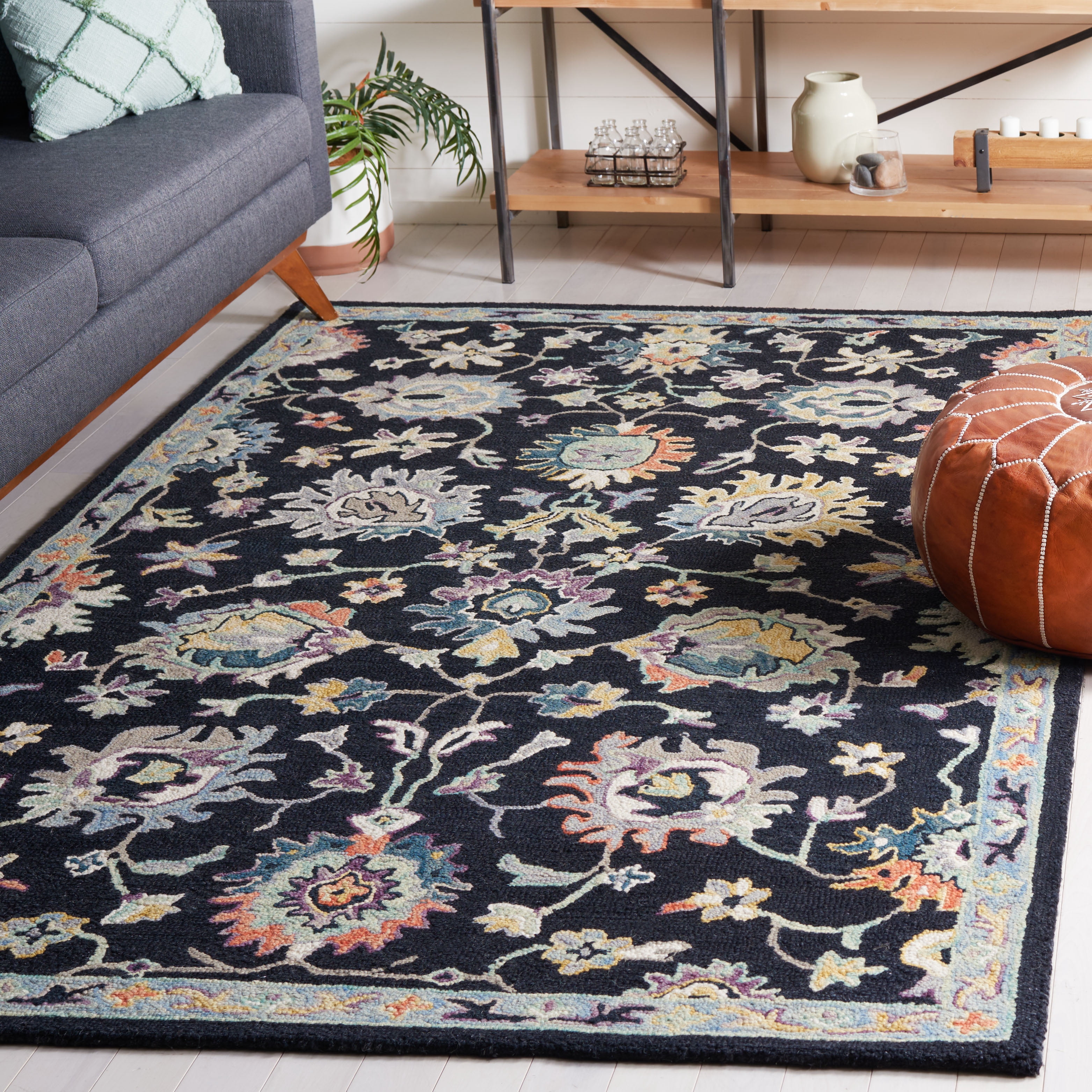 SAFAVIEH Blossom Cinaed Floral Area Rug, Black/Blue, 5' x 8'