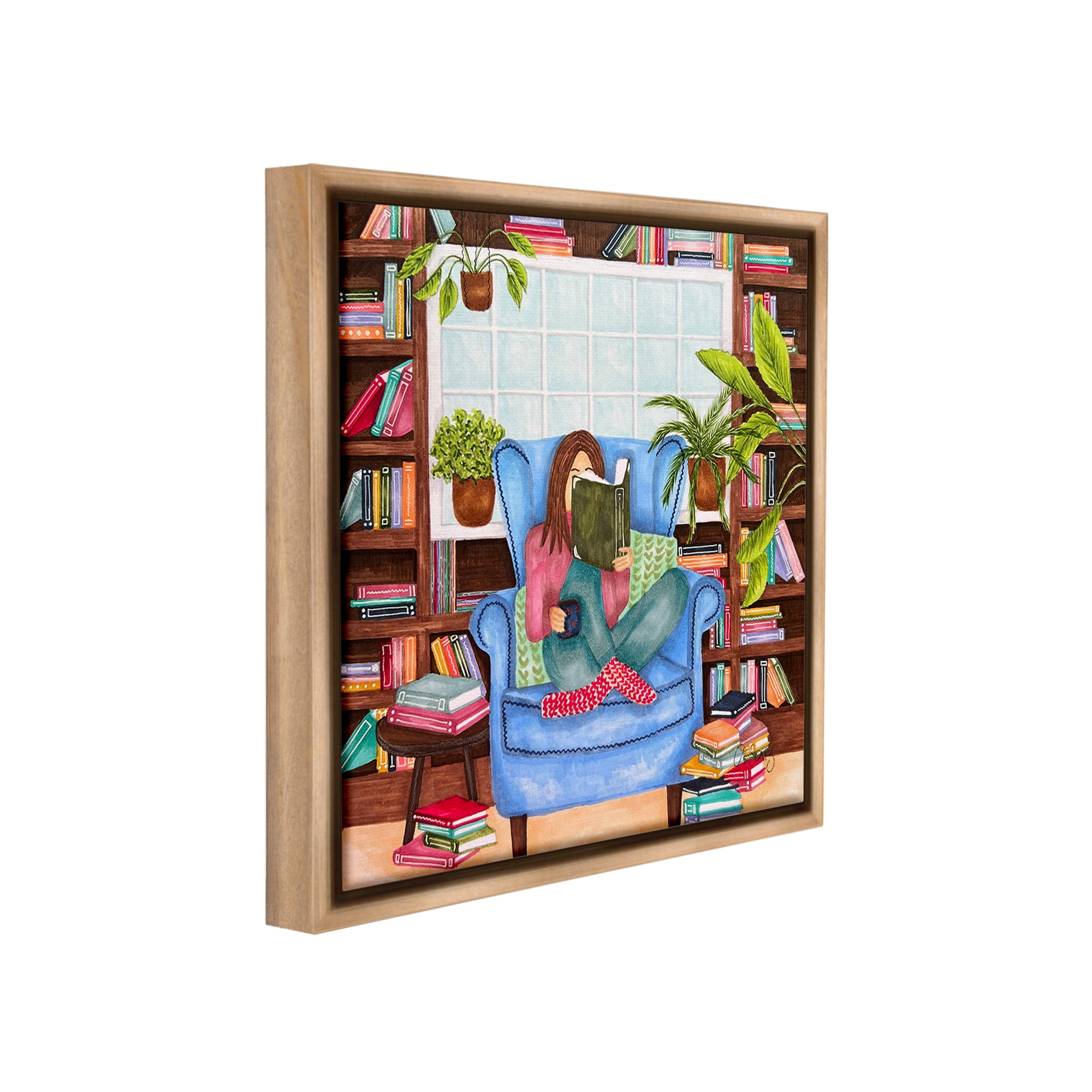 Stupell Industries Cozy Reading Corner Literature & Flim Painting Brown Floater Framed Canvas Art Print Wall Art, 18 x 18