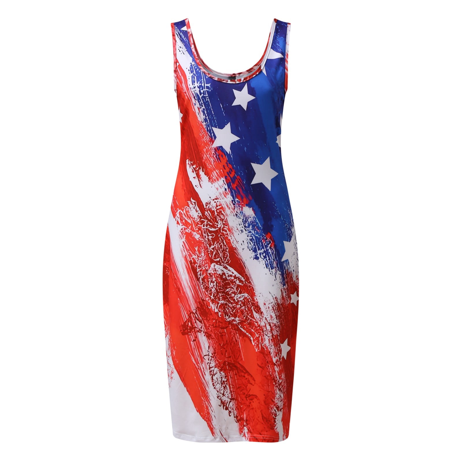 4th of July Patriotic Dress Patchwork Bodycon Summer Sleeveless Slim Flowy Sundress Red XL