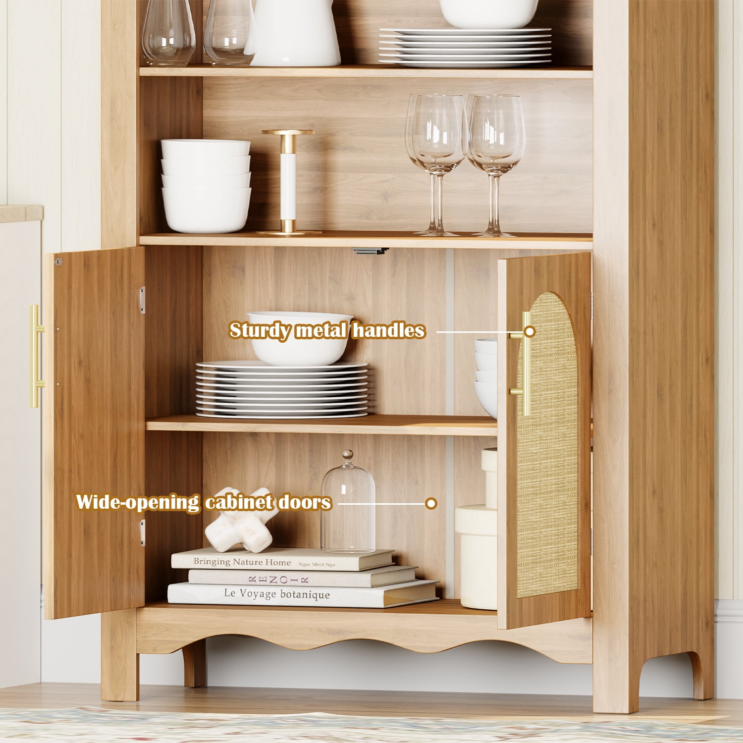 LAZZO 63" Arched Pantry Cabinet, Storage Cupboard with Anti-Tipping Device, Natural Wood Color