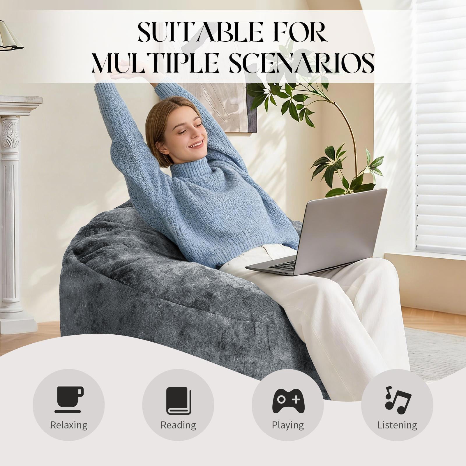 Hommoo Ultra-Comfort Ergonomic Bean Bag Chair Lounge Chair, with Adjustable High-Elasticity Inner Filling and Detachable Washable Cover, for Living Room, Bedroom & Balcony, Gray
