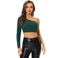 thumbnail image 1 of INSPIRE CHIC Top corto de fiesta de manga larga con un hombro y purpurina metálica para mujer Verde oscuro XS, 1 of 4