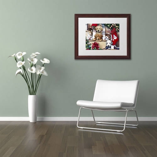 Trademark Fine Art 'Christmas Puppies On The Loose' Canvas Art by Jenny Newland, White Matte, Wood Frame
