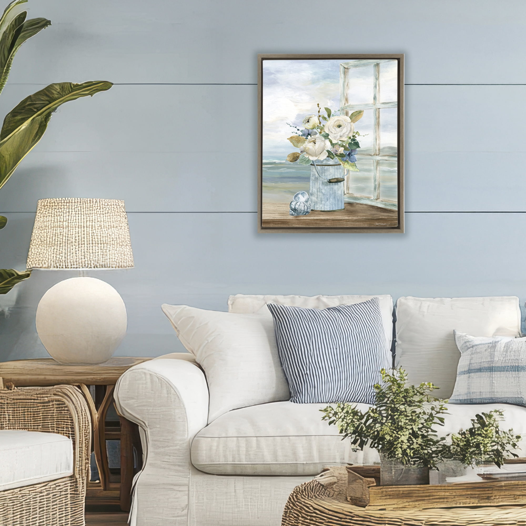 Stupell Industries Seaside Florals on Windowsill Brown Framed Floater Canvas Wall Art, design by Carol Robinson