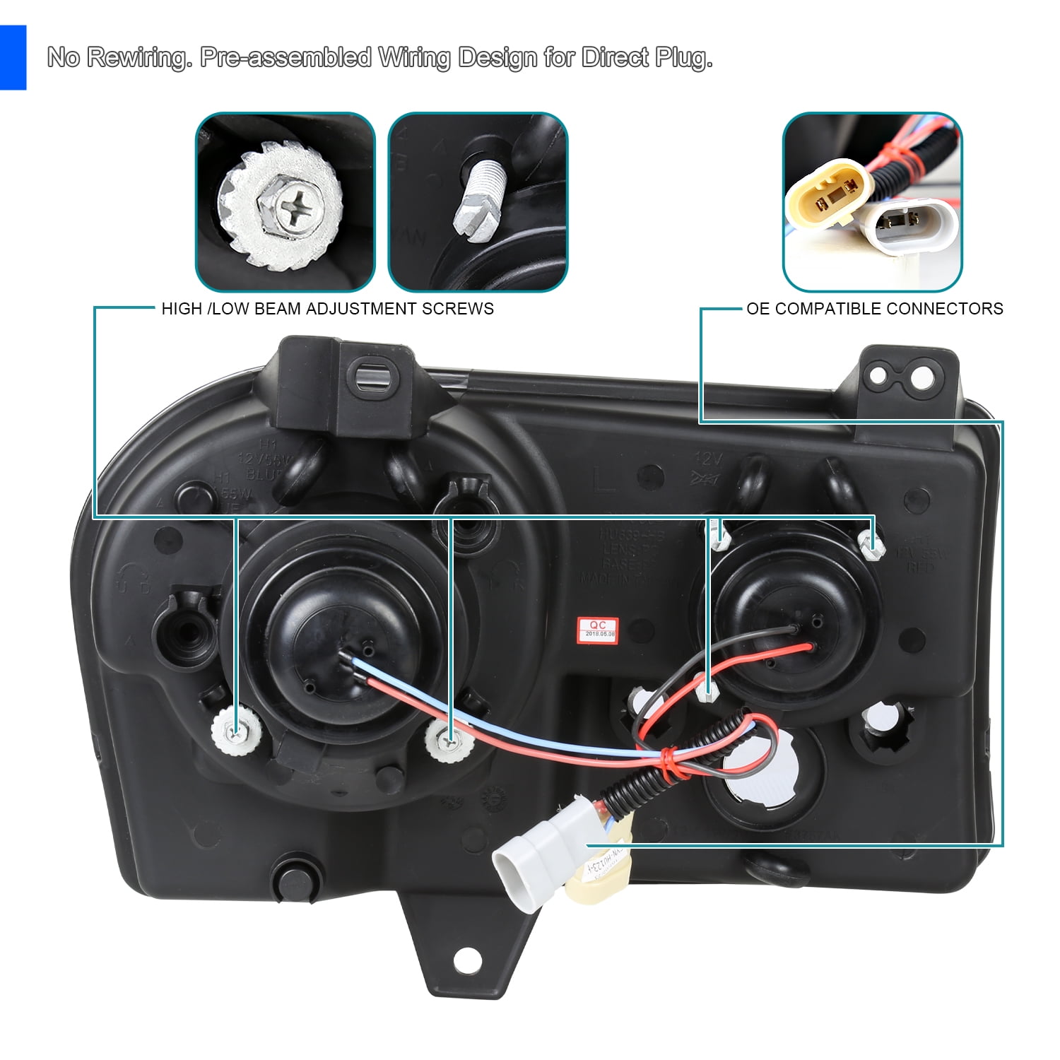 Spec-D Tuning Black Projector Headlights Compatible with 2005-2010 Chrysler 300 Base / LX / Touring / Touring AWD, 2005-2007 Chrysler 300 Limited / Limited AWD, Left + Right Pair Headlamps Assembly