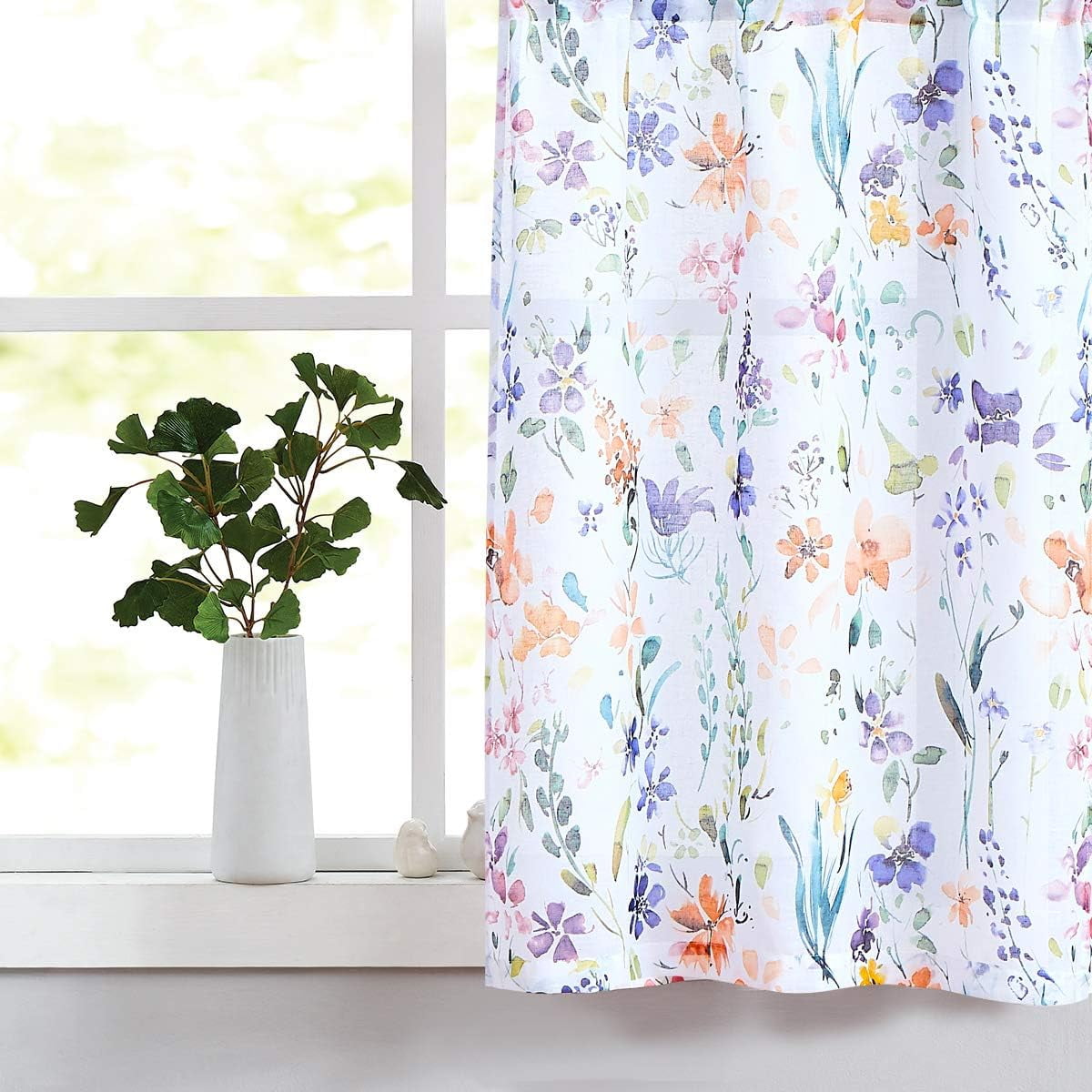 Floral Print Kitchen Curtains 24 inch Purple and Orange Tier Curtains for Small Windows Semi-Sheer Window Treatment Sets for Bathroom/Bay Window/Dining Room,28" W x 24" L Rod Pocket
