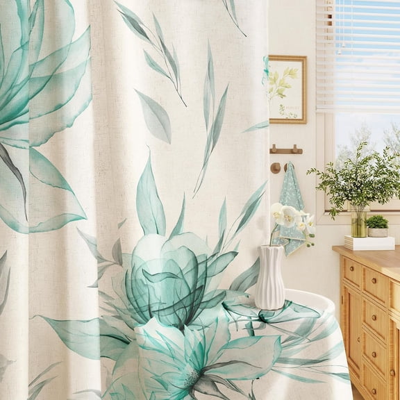 Green Watercolor Floral Shower Curtain Fabric Botanical Leaves Bathroom Decor with Hooks 71x71 in
