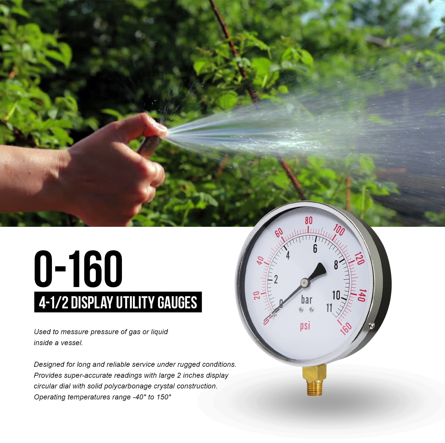 Supply Giant 4.5" Utility Dry Water Pressure Gauge 160 PSI, 1/4" NPT Lower Mount