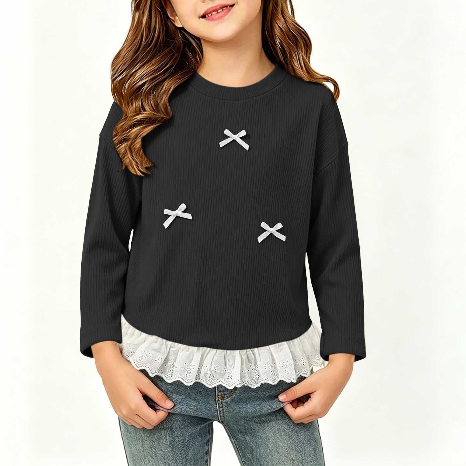 Girls Bow Lace Hem Top Solid Color Long Sleeve Round Neck Base Layer Soft Thermal Undershirt For Kids Black 9-10Years