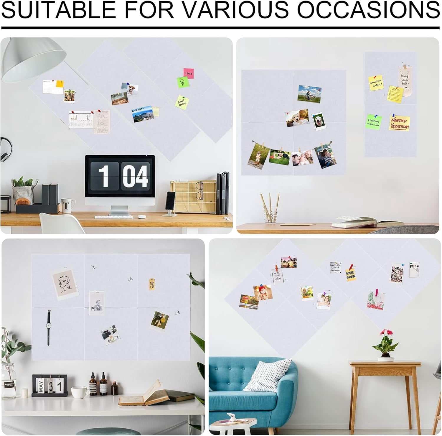 Topboutique Cork Boards for Walls 12 Pack Large Black Bulletin Board 12" x 12" Felt Wall Tiles Felt Wall Tiles with Push Pins Pin Board Cork Boards Tack Board Notice Boards for Office Home-White