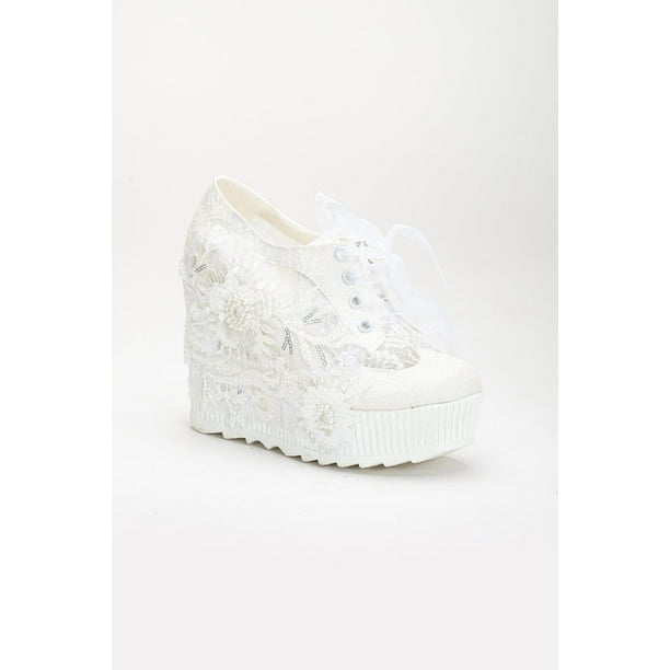 Sheri - Tenis de boda de tacón alto con encaje color marfil crema 7.5