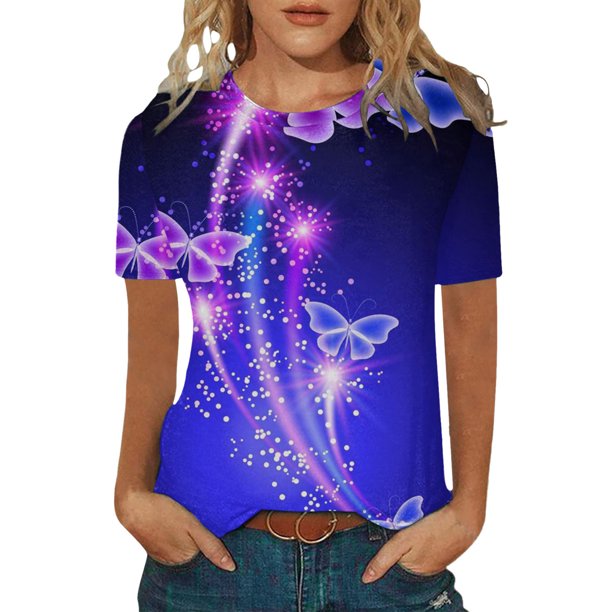 Gibobby Casual Playera de Manga Corta para Mujer Camiseta manga corta con cuello redondo y estampado moda informal para mujer(Azul,XL)