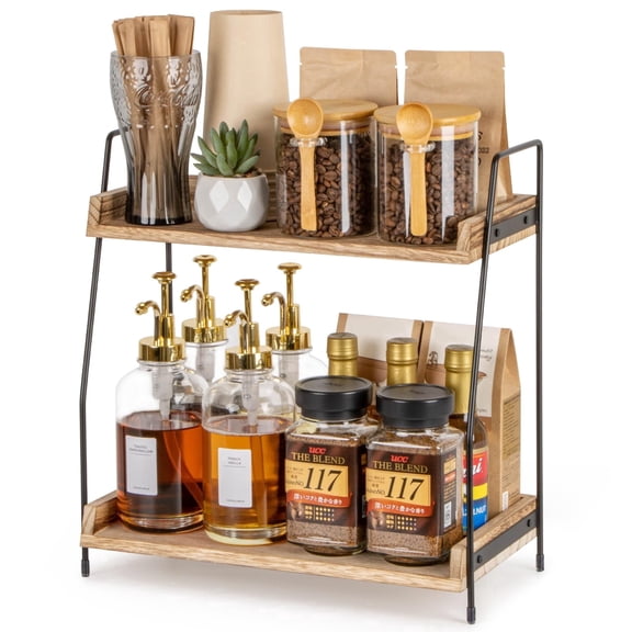 USIONE 2-Tier Wood & Metal Coffee Station Organizer, Countertop Storage Rack for Coffee Bar Kitchen Office, Brown
