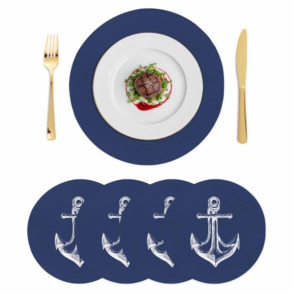 Navy Blue Anchor Round 15 Inch Placemats Set of 4, Coastal Nautical Marine Minimalist HeatResistant Non Slip Place Mats for Dining Table, Wipeable Braided Kitchen Table Mats for Housewarming