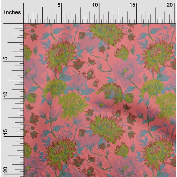 oneOone Silk Tabby Teal Blue Fabric Leaves & Floral Artistic Sewing Material Print Fabric By The Yard 42 Inch Wide