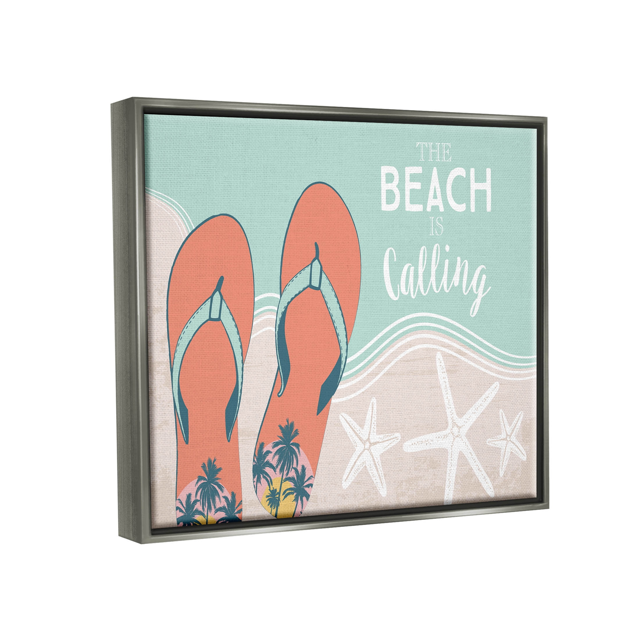 Stupell Industries Beach Is Calling Flip Flops Shore Graphic Art Luster Gray Floating Framed Canvas Print Wall Art, Design by Arrolynn Weiderhold
