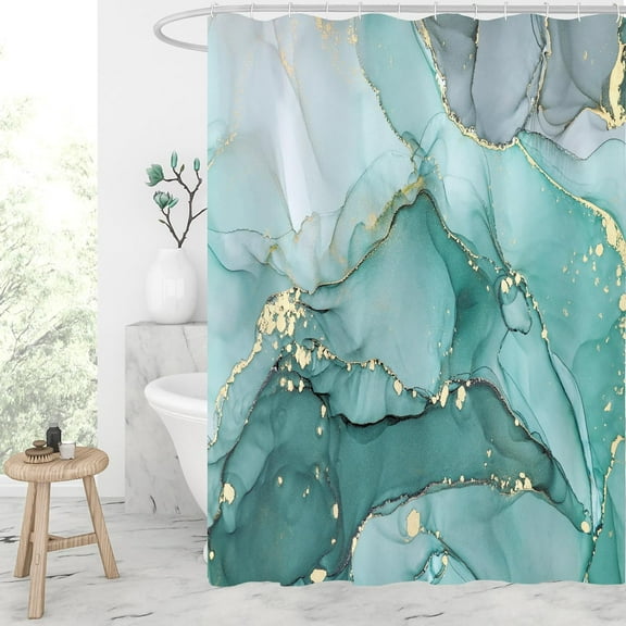 Abstract Marble Shower Curtain Set, Turquoise Marble Fabric Shower Curtain, Modern Ink Art Decor Waterproof Shower Curtain for Bathroom Decor, 72x72