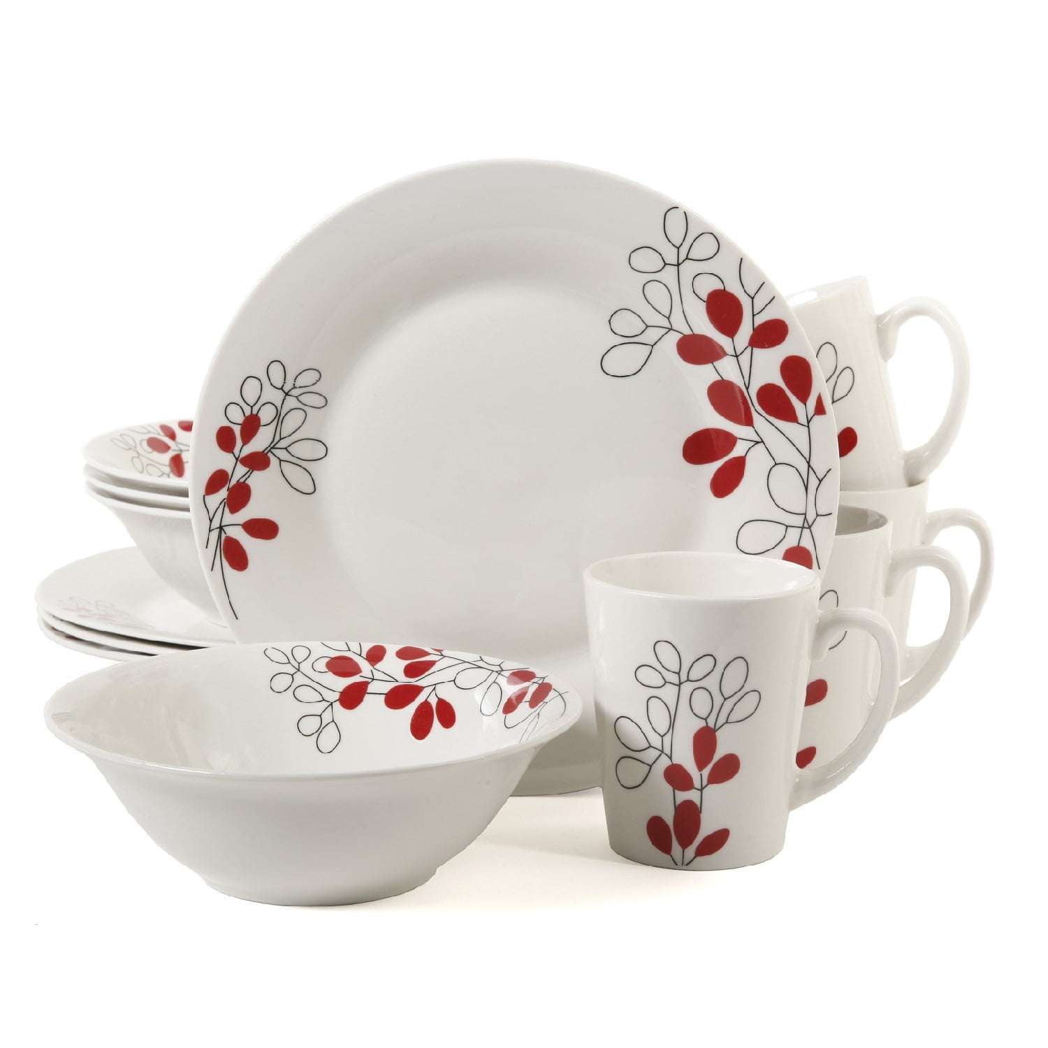 Gibson Scarlet Leaves 12-Piece Porcelain Dinnerware Set – Red & Gray Leaf Design, Service for 4 – Microwave & Dishwasher Safe