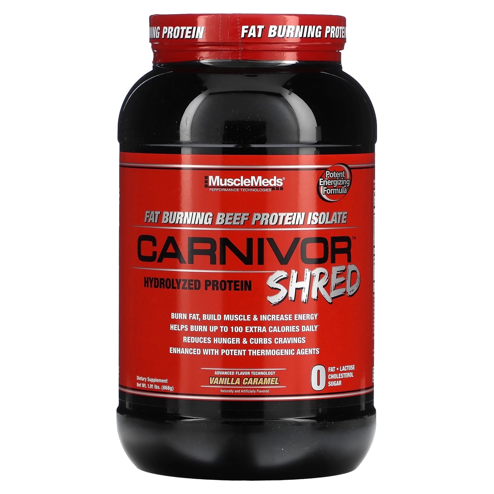 MuscleMeds Carnivor Shred Fat Burning Hydrolized Beef Protein Isolate, 0 Lactose, 0 Sugar, 0 Fat, Vanilla Caramel, 2 lbs