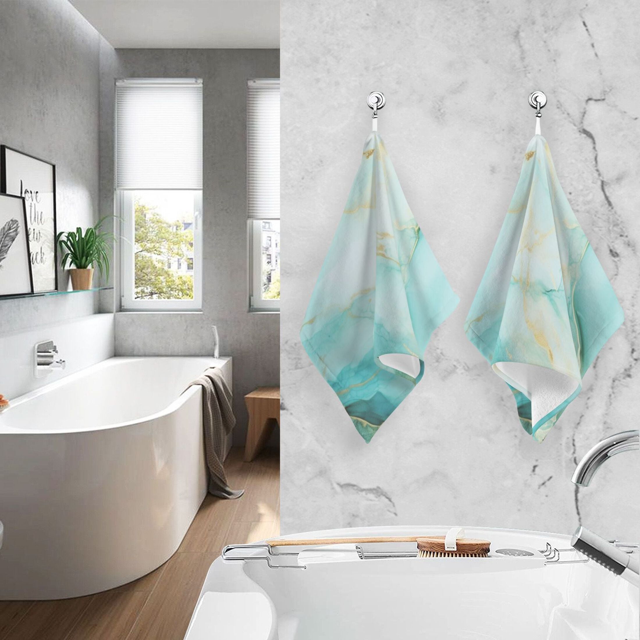 2 Pcs Hand Towel Set Aqua White Marble Cotton Absorbent Soft Face Towels Bath Towels for Bathroom Kitchen Shower Hotel Decor 16"x28"