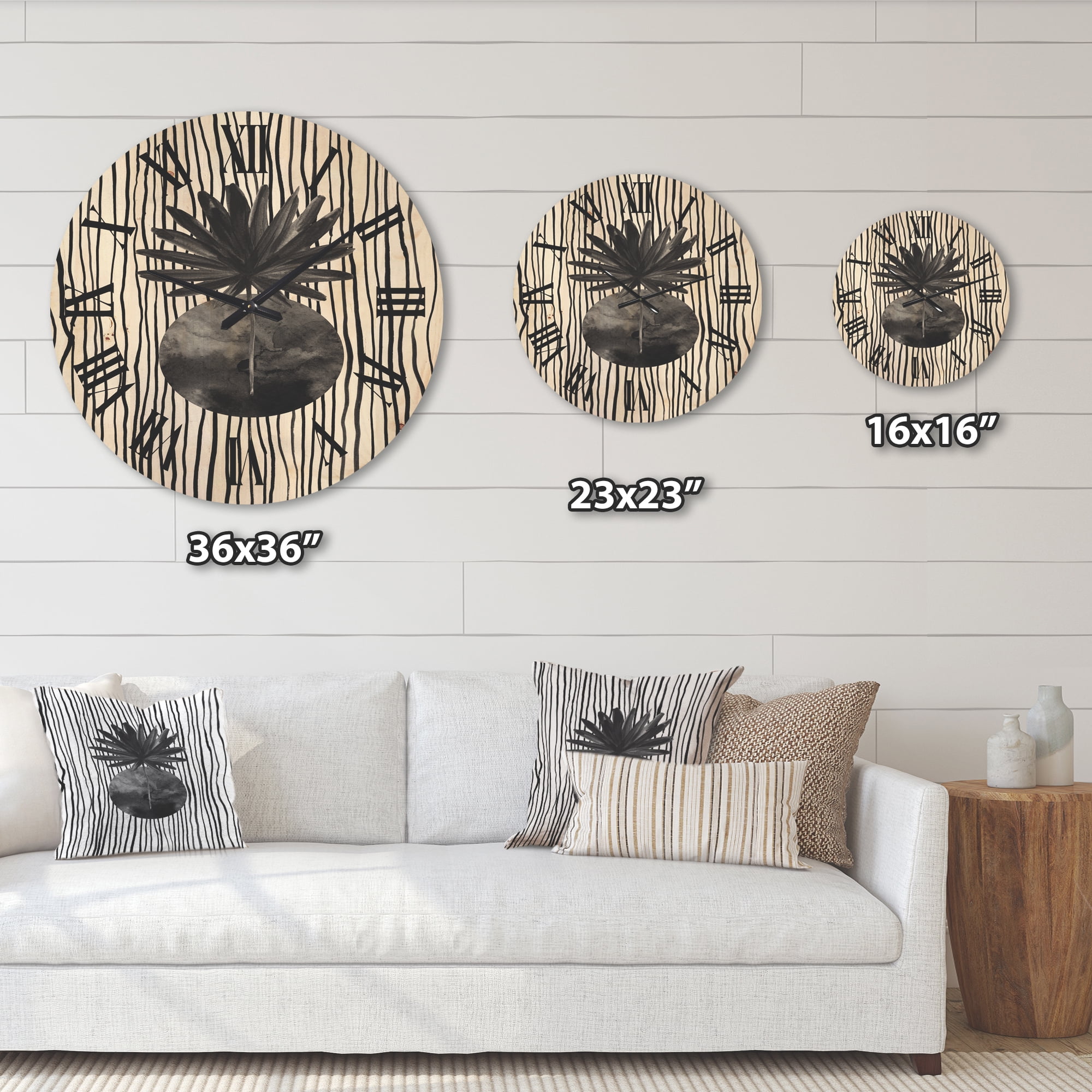 Designart 'Black and White Striped Under Tropical Leaf I' Modern Wood Wall Clock