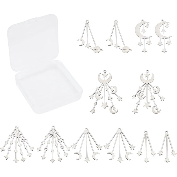 1 caja de 12 colgantes de acero inoxidable con diseño de luna y estrella, de 6 estilos, con planetas y galaxias.