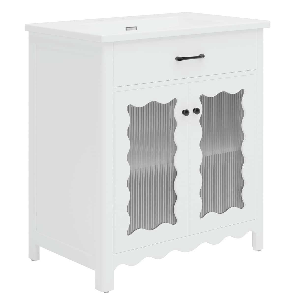 Spaco 31" Bathroom Vanity with Tempered Glass, Modern Bathroom Cabinet with Rubber Wood Legs and Soft Close Doors for Indoor, White