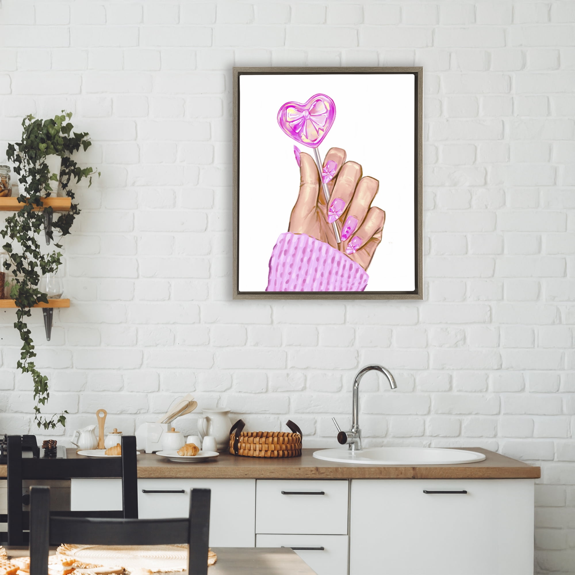 Pink Fashion Bow Lollipop Brown Framed Floater Canvas Wall Art, design by Ziwei Li