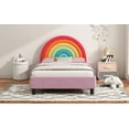 thumbnail image 2 of Twin Size Upholstered Platform Bed, Cute Style Princess Bed with Rainbow Design Headboard and Slats, for Boys & Girls, Teens (Pink), 2 of 9