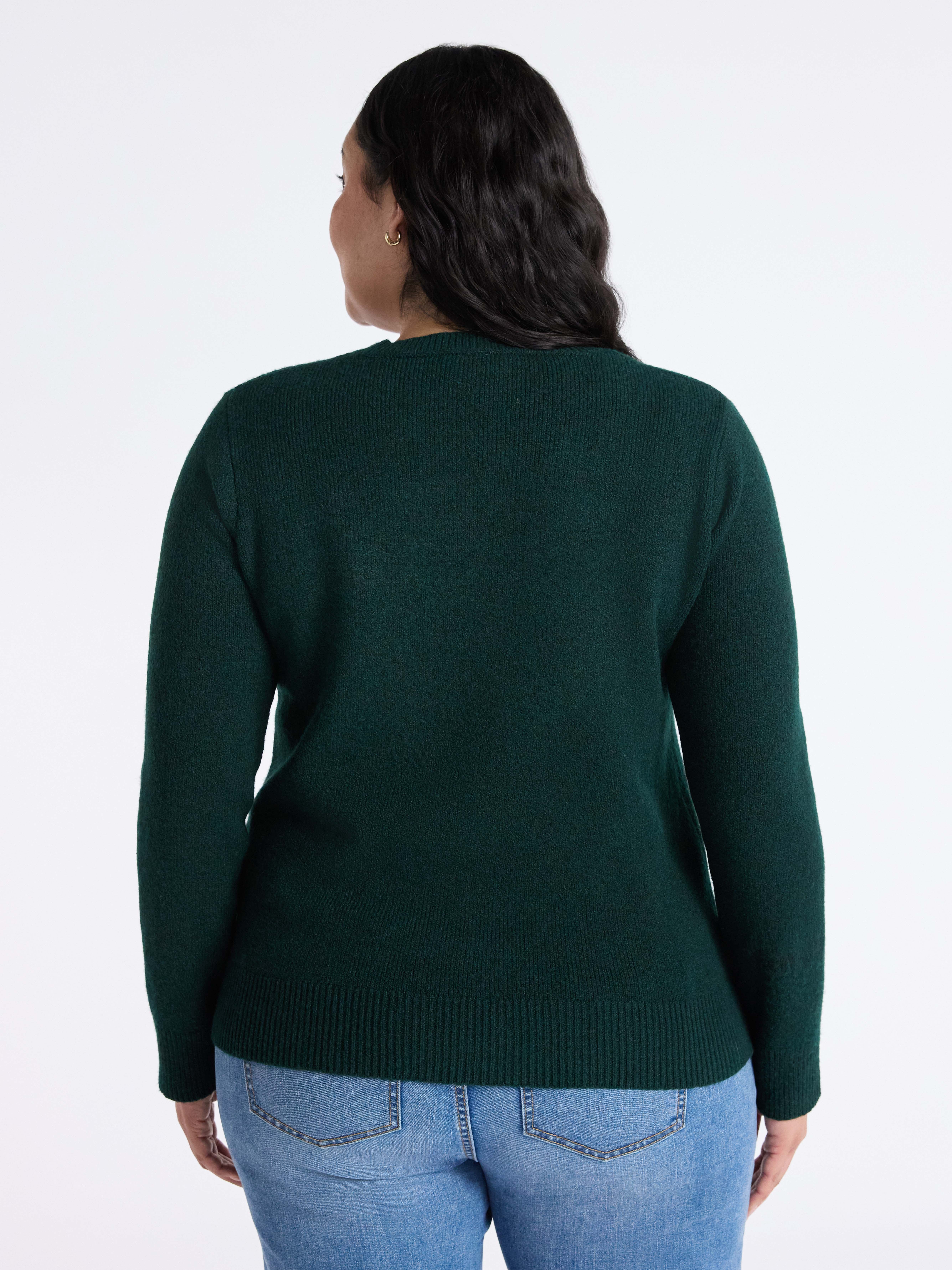 Time and Tru Women's and Women's Plus Holiday Talking Sweater with Long Sleeves, Midweight, Sizes XS-4X