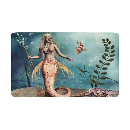 Shell Rug MKHERT Fantasy Mermaid Holding Trident with Fish and Sea Shell Doormat Rug Home Decor Floor Mat Bath Mat 30x18 inch ()