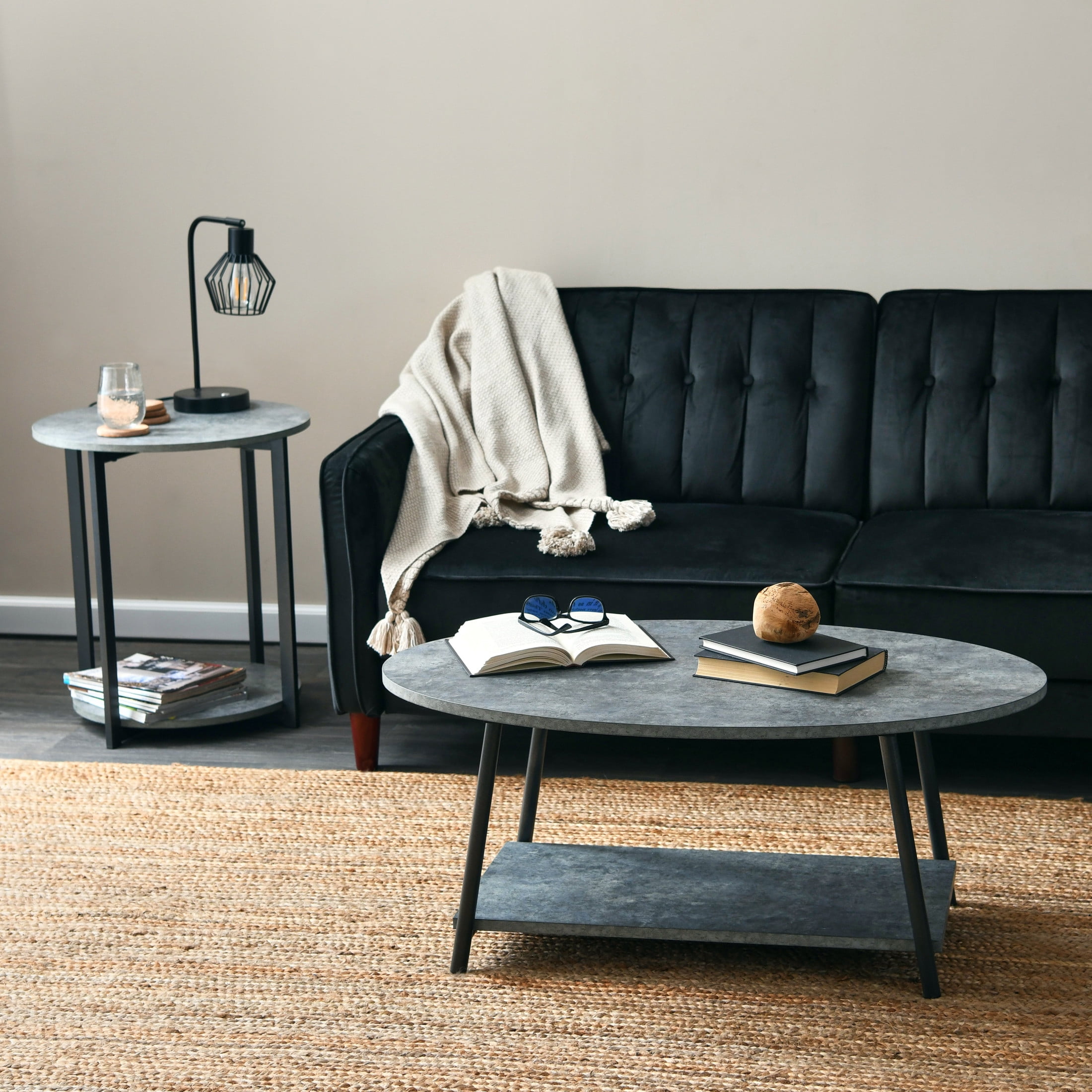 Household Essentials 2-Tier Round Low Side Table, Faux Gray Slate