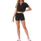 thumbnail image 2 of Pijamas de mujer de punto waffle con botones de INSPIRE CHIC, camiseta de manga corta y pantalones cortos, conjunto de 2 piezas, talla XL, negro, 2 of 6