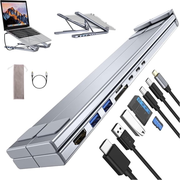 8-in-1 USB C Laptop Stand with Docking Station, Foldable Adjustable Computer Riser with HDMI USB Ports, Portable Desktop Hub Dock Stand Compatible with MacBook & USB-C Laptops