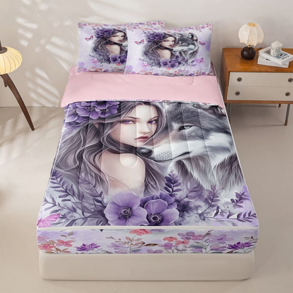 Manfei Romantic Floral Lady Zipper Twin Comforter Sets with Fitted Sheet and 2 Pillowcases,Gray Wolf Zipper Bedding Set,Pink Reversible,4pcs