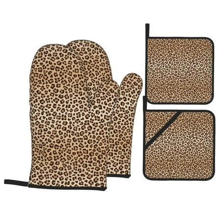 

Oven Mitts and Pot Holders Sets 4 pcs - leopard trendy Heat Resistant Silicone Oven Gloves with Non-Slip Silicone Surface and hot pads for kitchen Baking Cooking BBQ