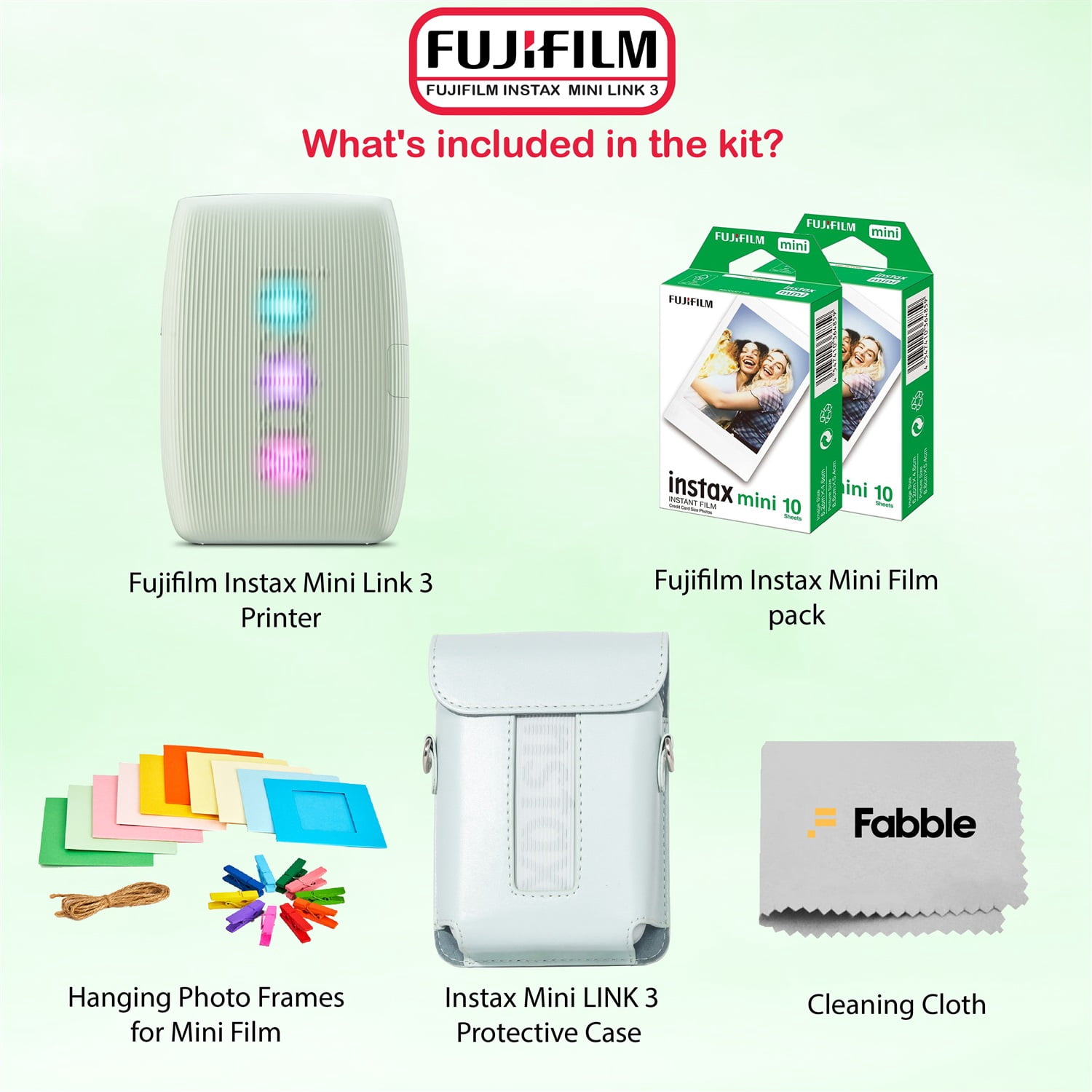 Fujifilm Instax Mini Link 3 Smartphone Printer – Sage Green Bundle with a Protective Case, Twin Pack Instant Film (20 Sheets), Hanging Photo Frames, and Premium Microfiber Cleaning Cloth