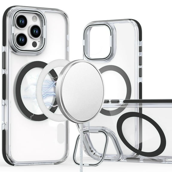 For Apple iPhone 16 Pro Max (6.9") Hybrid Clear Invisible Camera Bracket Stand [With Magsafe Magnetic Circle] Shockproof Color Frame Cover ,Xpm Phone Case [ Black ]