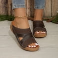 thumbnail image 2 of Women's Orthopedic Sandals Open Toe Splice Leather Platform Slides Summer Casual Cushioned Slip on Walking Shoes Soft Sole Slippers Coffee Size 9, 2 of 9