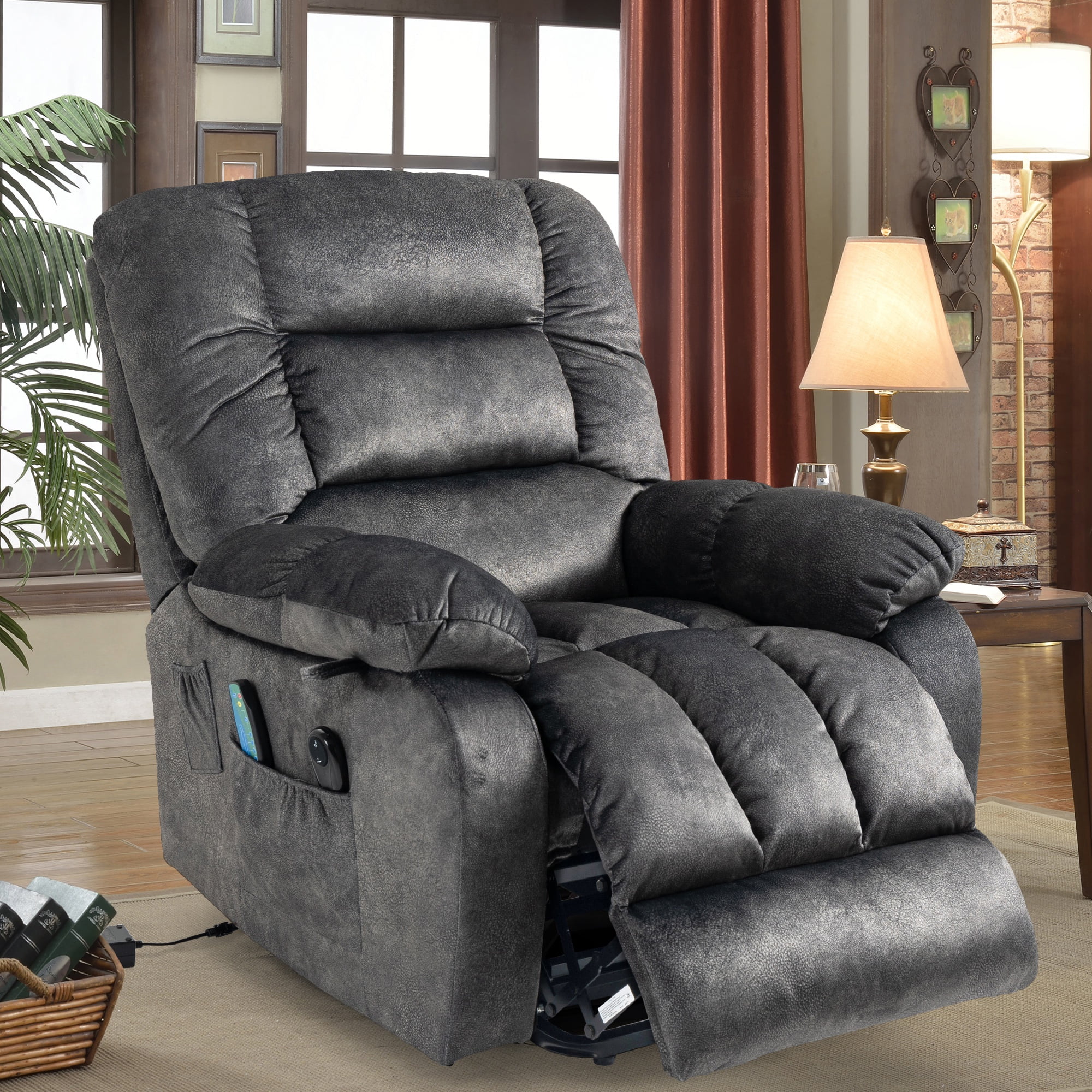 PAPROOS Recliner Chair, Electric Power Lift Recliner with Heat Therapy and Massage Function, Large Size Lift Chair with Remote and Side Pocket, Oversized Power Reclining Sofa, Gray Blue