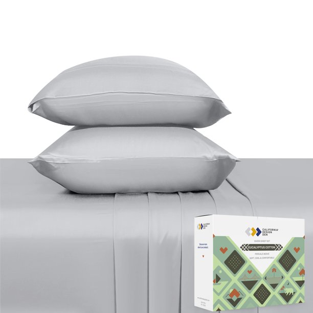 Soft Cooling Queen Bed Sheets Set, 100 Natural All Season Cotton Eucalyptus Viscose Percale