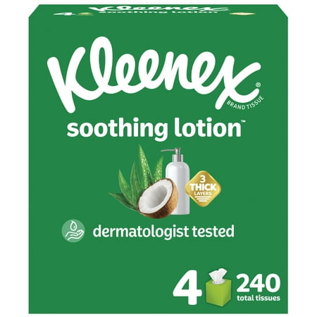 Kleenex Soothing Lotion Coconut Oil Facial Tissues, 4 Cube Boxes, 60 White Tissues per Box