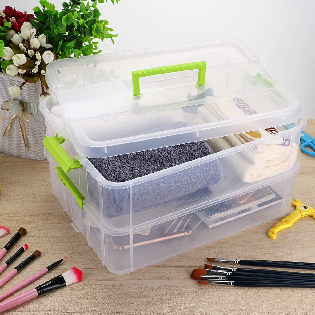 2 Layer Stack & Carry Box, Plastic Multipurpose Portable Storage Container Box Handled Organizer Storage Box for Organizing Stationery, Sewing, Art Craft, Jewelry and Beauty Supplies Green