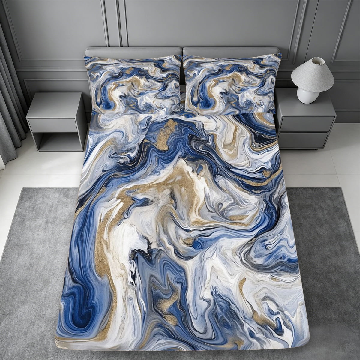 meiyoeat Blue Gold Marble Queen Sheets For Kids,Fluid Swirl Design Queen Sheet Sets For Adults,4pcs