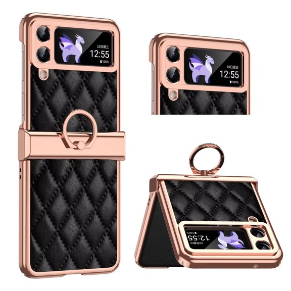 MonsDirect for 6.7 inch Samsung Galaxy Z Flip 3 5G 2021 Case, Hinge Protection Plating Frame Hard PC Shell PU Leather Cover Durable Shockproof with Finger Ring Stand Holder for Galaxy Z Flip 3, Black