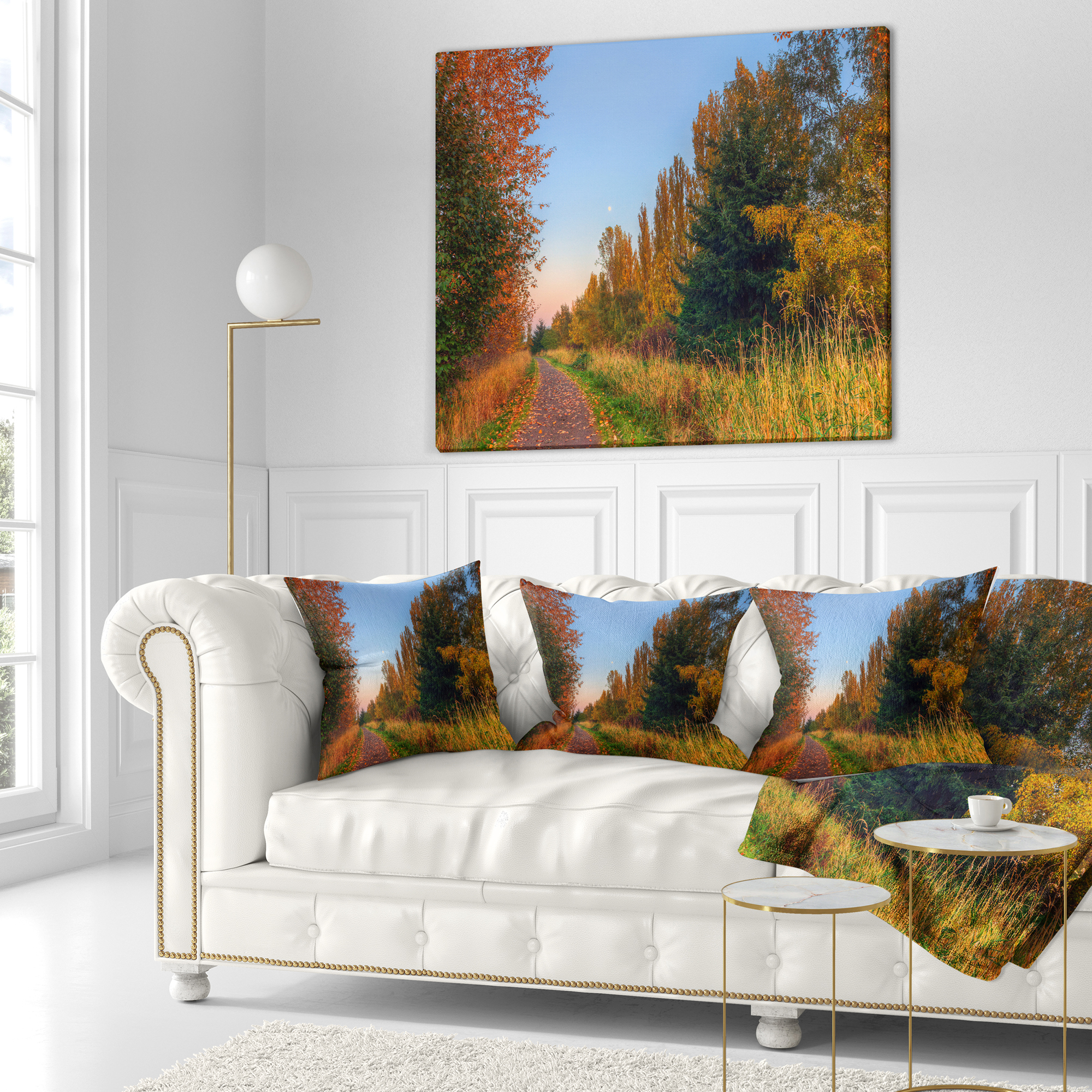 Designart Road Through Fall Forest - Landscape Printed Throw Pillow - 16x16