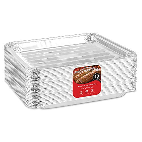 Stock Your Home Disposable Aluminum Foil Broiler Pans (10 Pack) - Broiler Drip Pans for Oven - Durable Broiling Pans with Ribbed Bottom Surface for BBQ Grill Like Texture - 13x9 In