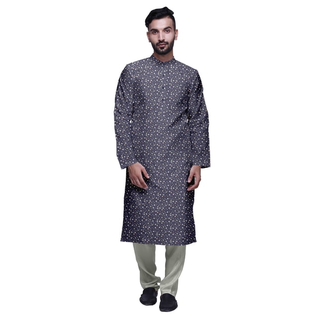Atasi Button Placket Satin Slub Printed Mens Kurta With Churidar Kurta