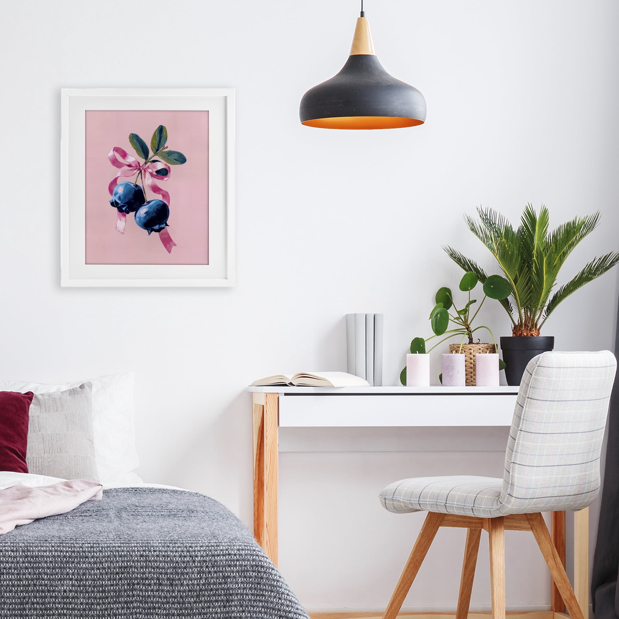 Stupell Industries Blueberry Branch with Pink Bow White Framed Print Under Glass, design by Imagine It Images