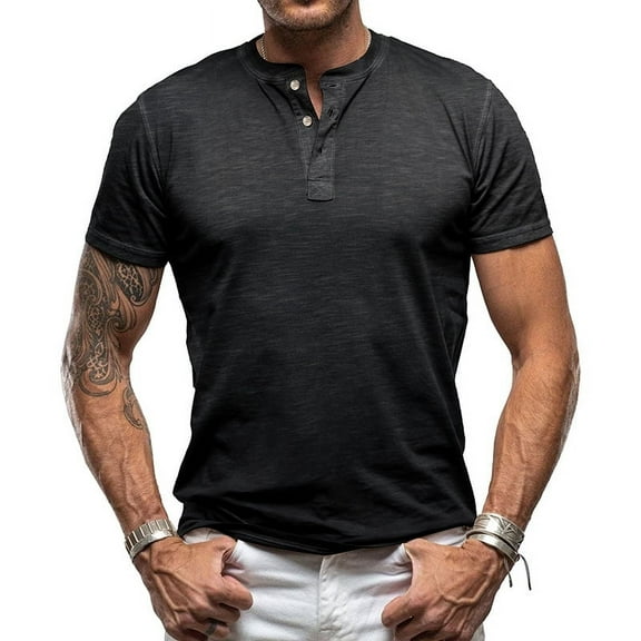 IDOPIP Mens Henley Short Sleeve Shirt Cotton Casual Shirt Summer Basic T Shirt M khaki